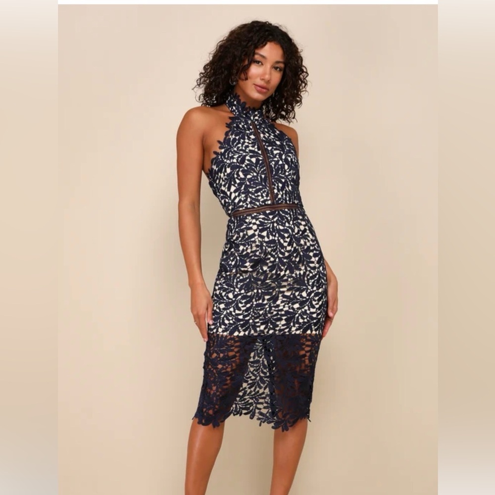 Lulu's Divine Destiny‎ Navy Blue Lace Midi Lace Halter Midi Dress L